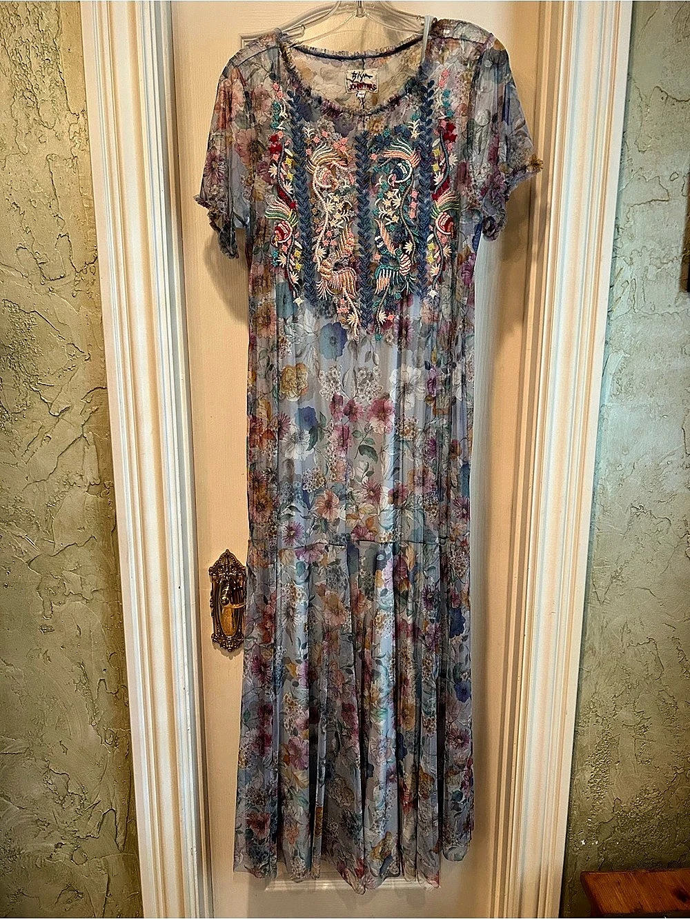 Johnny Was Biya Mazzy Bias Blue Mesh Maxi Dress Floral Small